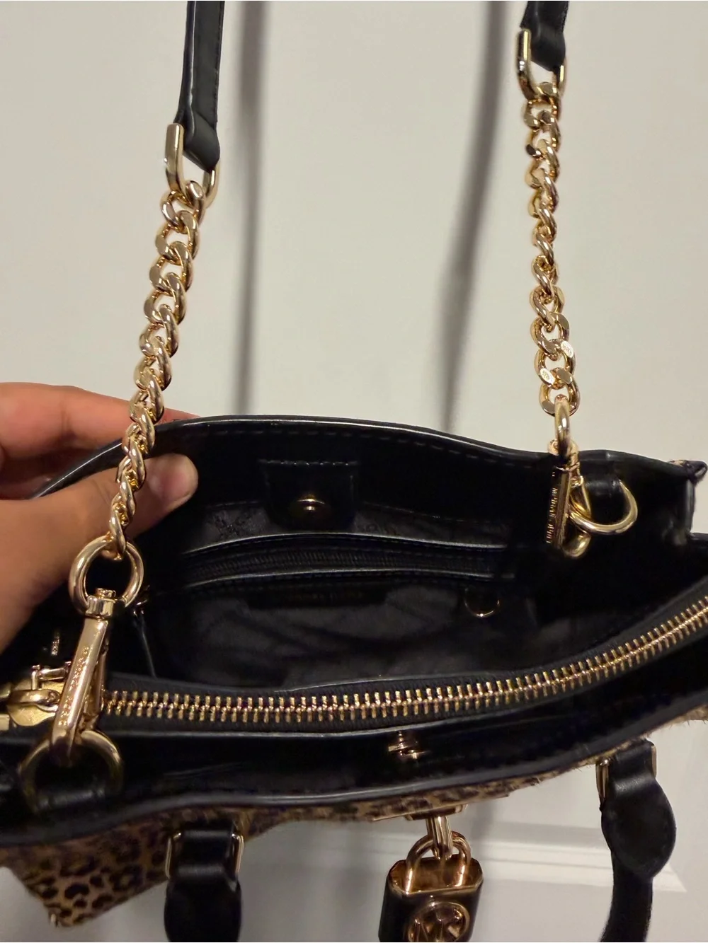 Michael Kors Hamilton Leopard Calf Hair Satchel Crossbody Bag Gold Hardware